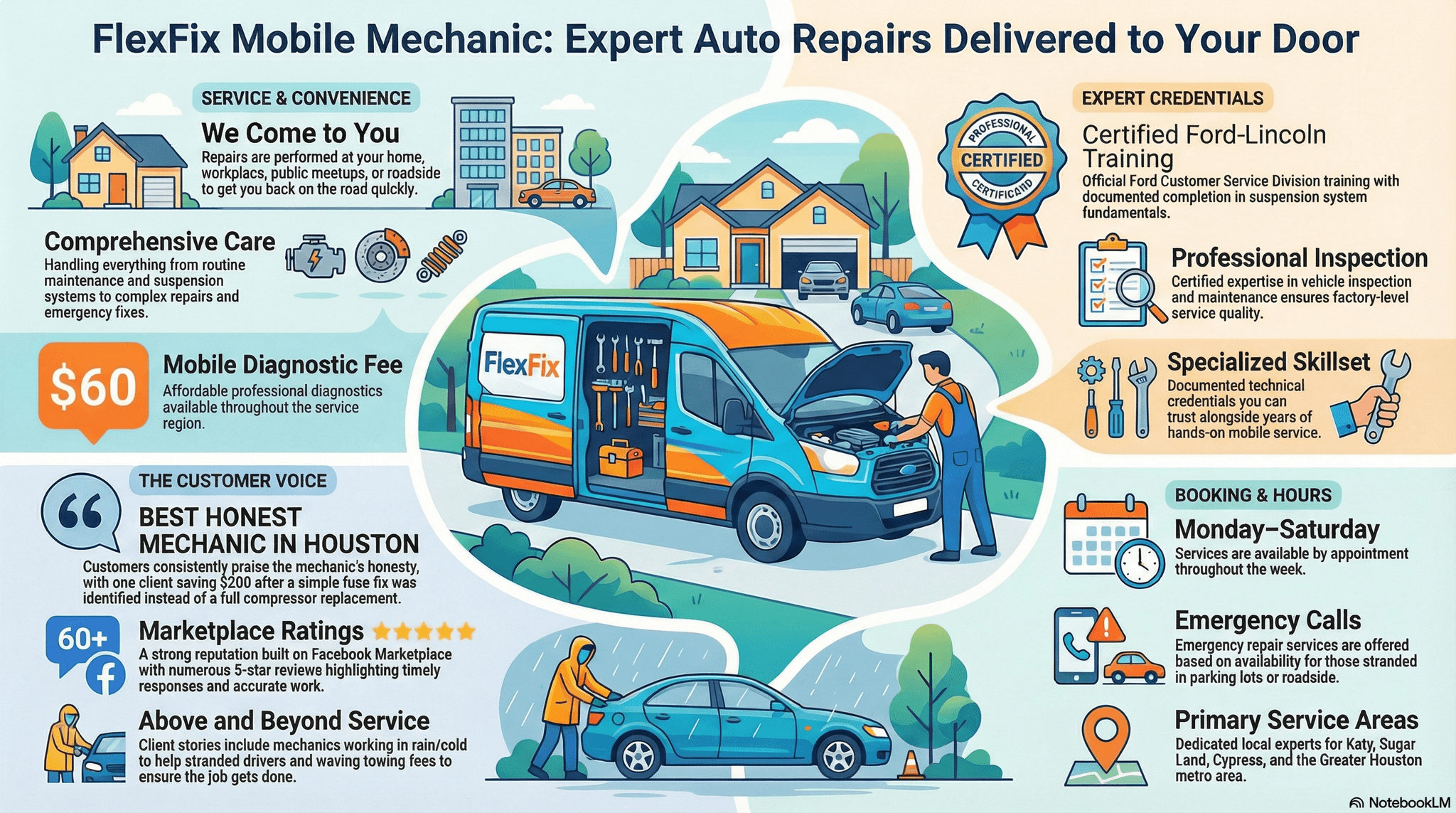 FlexFix Mobile Mechanic infographic: expert auto repairs at your door, $70 diagnostic, Ford–Lincoln certified training, suspension fundamentals, service in Katy Sugar Land Cypress and Greater Houston, Marketplace reviews, and Monday–Saturday appointments with emergency calls when available.