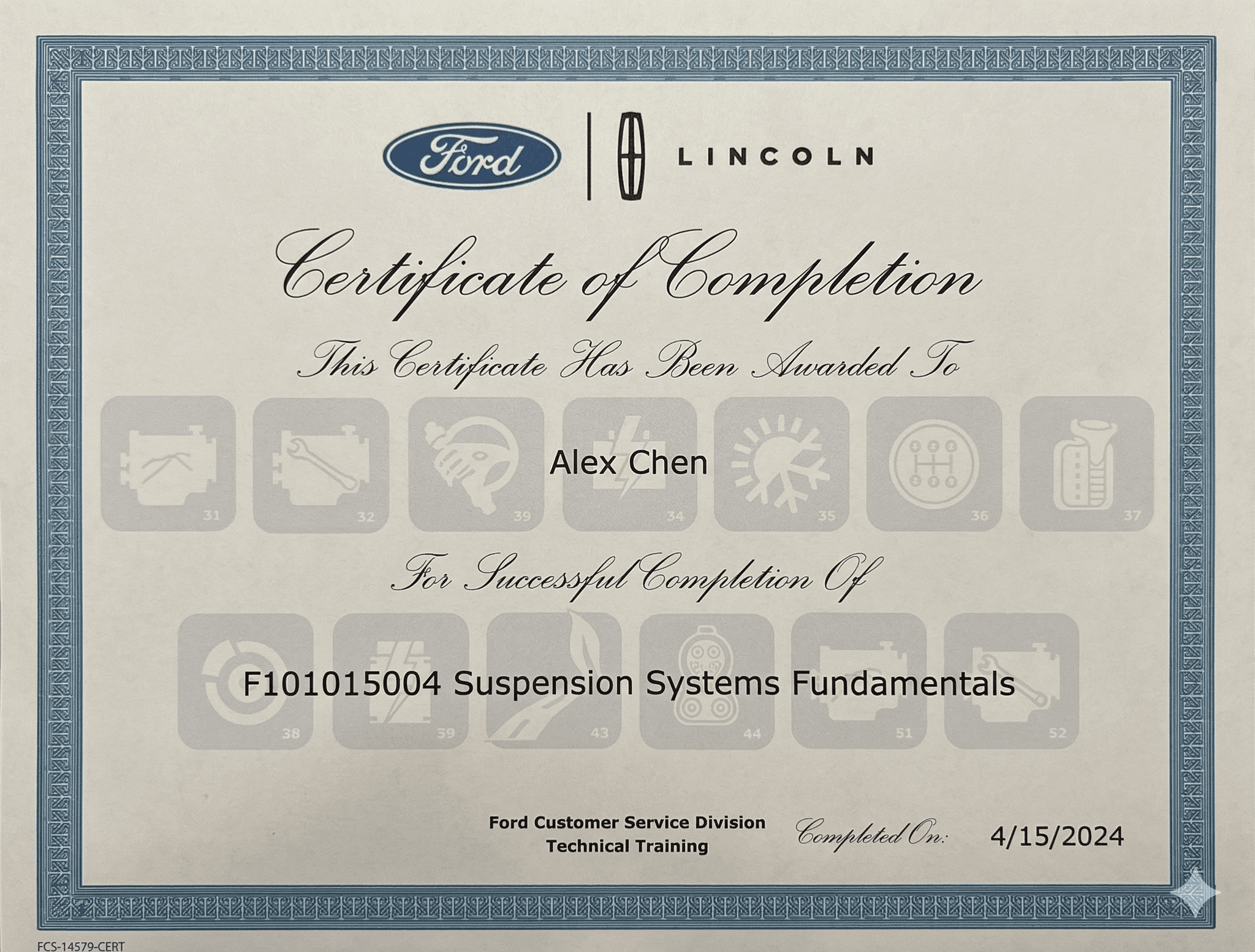Ford–Lincoln certificate of completion — suspension systems fundamentals training