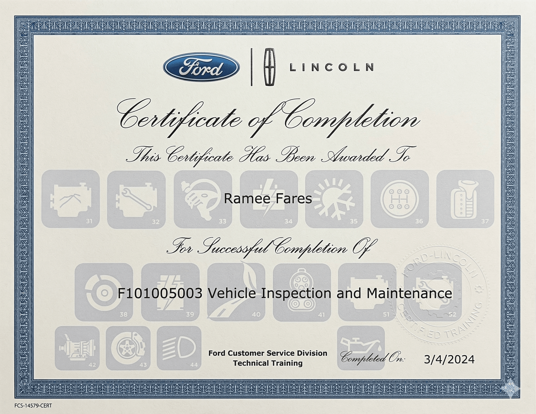 Ford–Lincoln certificate of completion — vehicle inspection and maintenance training