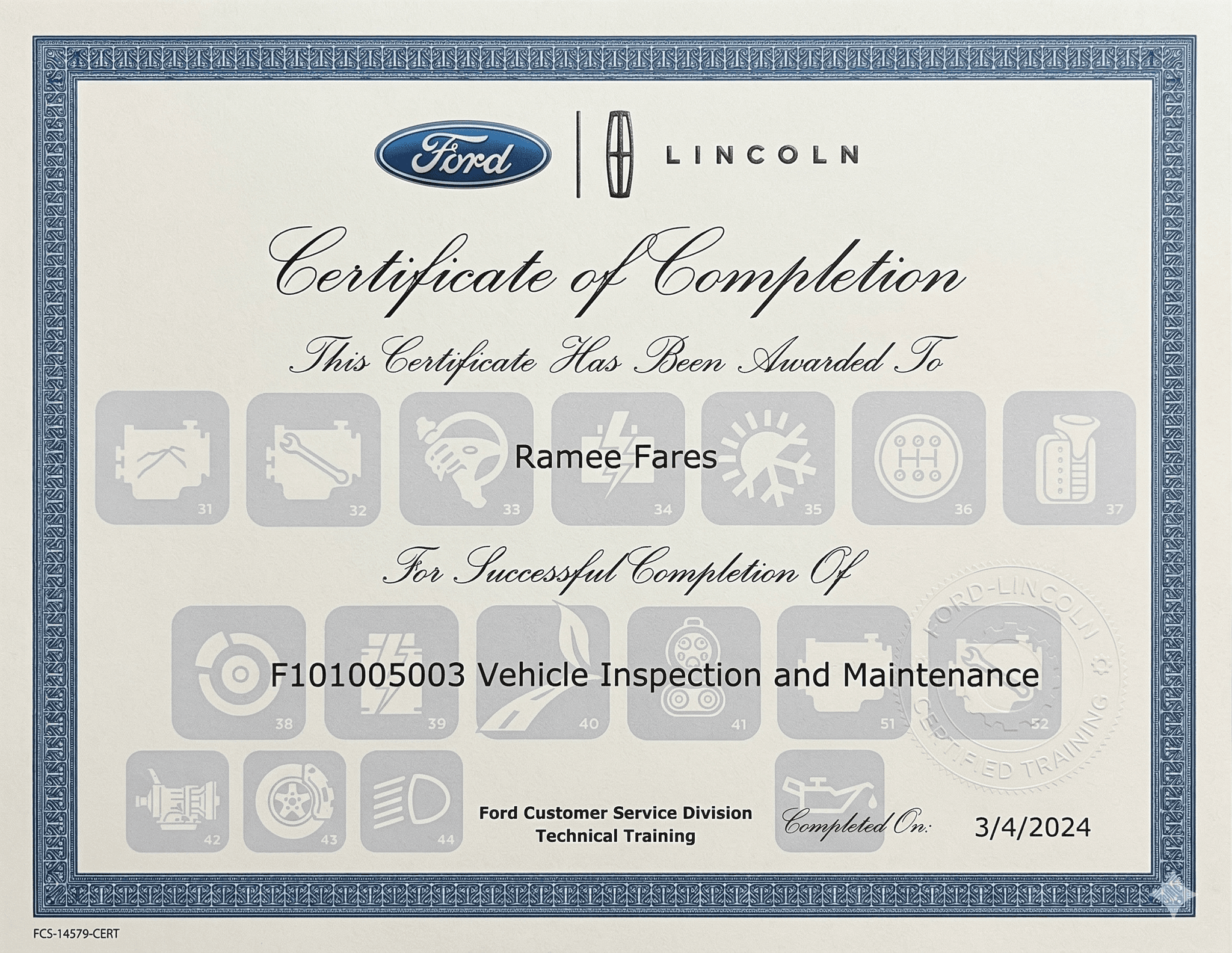 Ford–Lincoln certificate of completion — vehicle inspection and maintenance training